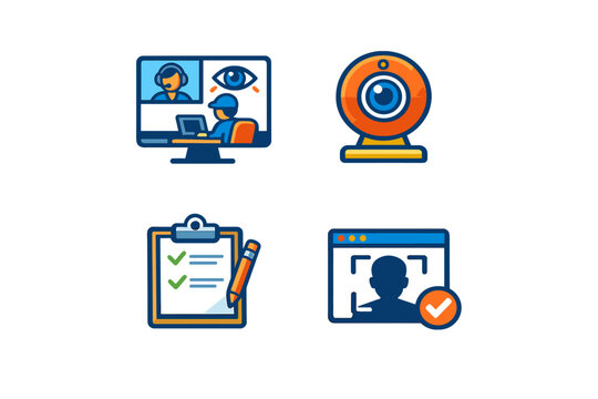 This set of four flat vector icons illustrates remote proctoring and online exam monitoring. It features a webcam, a checklist, facial recognition, and a monitored computer screen.