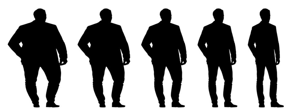 Conceptual fat overweight obese man vs slim fit healthy body after weight loss or diet, white background banner. A  fitness, nutrition or obesity, health care shape illustration vector as silhouettes