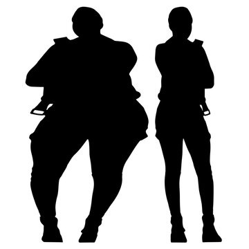 Conceptual fat overweight obese female vs slim fit healthy body after weight loss or diet on white background. A  fitness, nutrition or obesity, health shape illustration vector as silhouettes