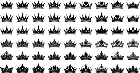 Set of black crown silhouettes and royal tiara vector icons for queen princess jewelry design luxury heraldic symbols isolated on white background collection © Creative Minds