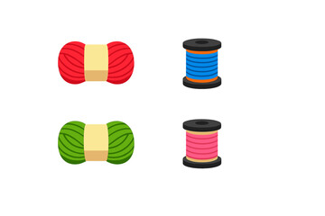 A flat vector illustration featuring two skeins of yarn in red and green alongside two spools of thread in blue and pink, all set against a solid black background for contrast.