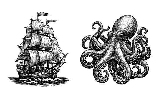 A detailed black and white engraving featuring a vintage sailing ship on the left and a large octopus on the right, both set against a solid black background in a classic nautical style.