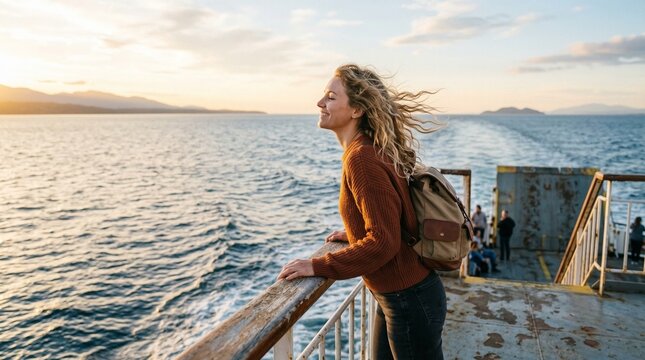 Woman with backpack leaning on rusty metal railing looking at ocean waves during golden hour ferry trip with curly hair and cozy sweater