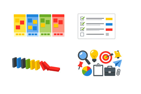 A collection of business and productivity icons featuring a checklist, colorful sticky note boards, falling dominoes, and various office tools on a black background.