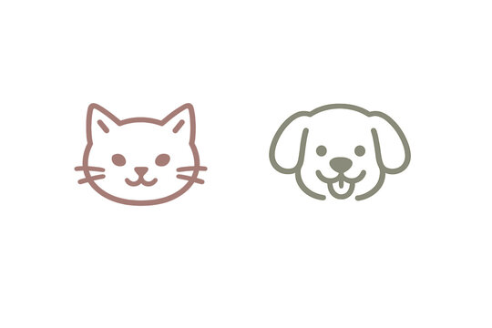 Simple line art illustrations of a cat and a dog face side by side on a dark background. The icons feature minimalist outlines in muted pink and green tones for pet themes.