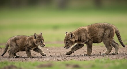 Fototapeta premium Two wolves walking together through a grassy field under a cloudy sky