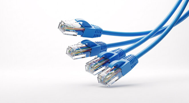 Four network Ethernet cables with clear connectors are suspended in a dynamic arrangement