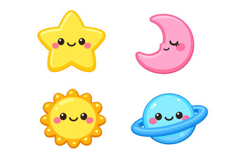 A collection of four cute cartoon celestial bodies including a yellow star, a pink crescent moon, a bright sun, and a blue ringed planet, all featuring smiling faces on a black background. © Alan