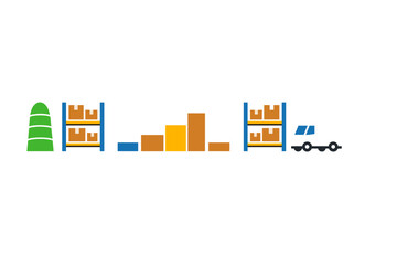 This flat vector illustration shows warehouse logistics elements including storage shelves with boxes, a bar chart representing inventory, and a delivery truck on a black background.