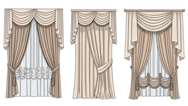 Collection of three elegant window curtain designs in different classical styles featuring decorative valances tassels and luxurious fabrics.