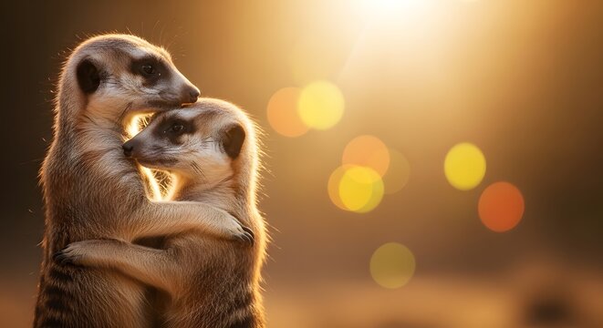 Two meerkats embracing in warm sunlight with bokeh background