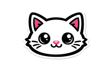Fototapeta premium A cute white cartoon cat face sticker with large black eyes, pink ears, and a pink nose. The illustration features bold black outlines and is set against a solid black background.