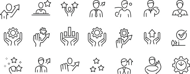 Business productivity achievement icons set, growth progress success star medal gear chart checkmark trophy recognition improvement performance analytics development excellence
