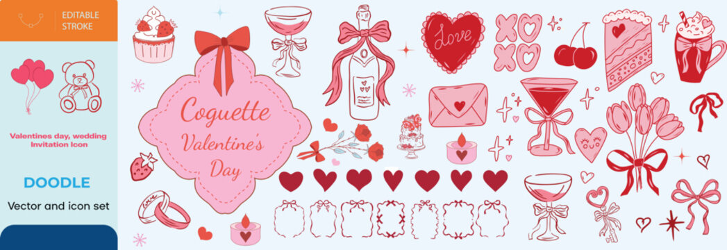Set of hand drawn coquette elements for Valentines day, wedding invitation, birthday card. Cute girly bows, ribbons, cherry, cake, toy bear, cocktail, rose, strawberry. Vintage vector illustration