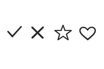 This image displays four simple outline symbols including a tick, an X mark, a star, and a heart. The minimalist icons are presented in a row against a solid black backdrop.