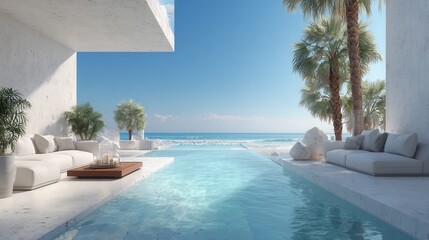 Fototapeta premium Luxury beach villa with a spacious terrace, sun loungers, and tropical palms. 