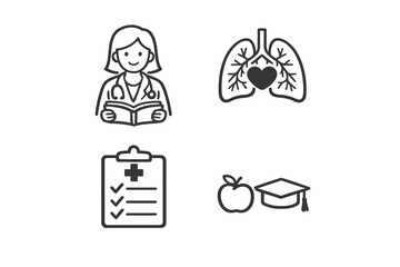 Obraz premium A collection of four black and white line icons representing medical education and health, featuring a doctor reading, lungs with a heart, a medical clipboard, and an apple with a graduation cap.