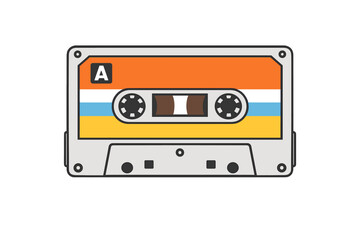 Naklejka premium A flat vector illustration of a vintage cassette tape with a colorful label featuring orange, blue, and yellow stripes on a black background. The tape has a letter A on the top left.