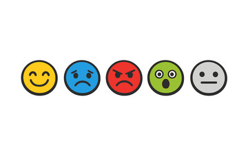 Five colorful round icons representing different human emotions are arranged in a horizontal row against a solid black background, showing happy, sad, angry, surprised, and neutral faces.