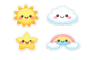 A set of four cute kawaii stickers featuring a smiling sun, a fluffy white cloud, a winking yellow star, and a colorful rainbow with clouds, all with rosy cheeks on a black background.
