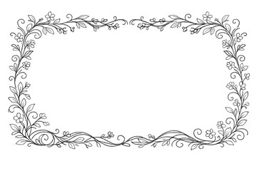 This elegant rectangular border consists of intricate white floral line art with swirling vines and small flowers set against a stark black background for a classic look.