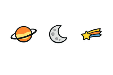Three colorful cartoon space icons featuring an orange ringed planet, a grey cratered crescent moon, and a yellow shooting star with a colorful tail on a solid black background. © Alan