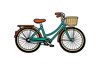 Fototapeta premium This flat illustration depicts a classic teal city bike with a front wicker basket and a rear luggage rack. The bicycle has brown fenders and a matching seat on a black backdrop.