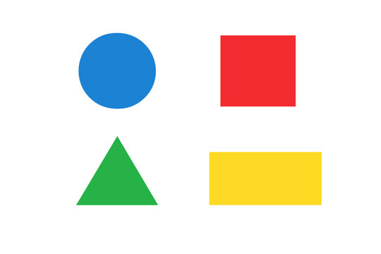 A collection of four basic geometric shapes including a blue circle, red square, green triangle, and yellow rectangle arranged in a grid pattern against a solid black background.