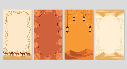 Desert Oasis Ramadan Kareem Backgrounds with Camels, Lanterns, and Dunes © AR99