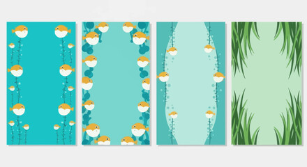 Cute Cartoon Puffer Fish and Underwater Plants - Set of 4 Frames © AR99