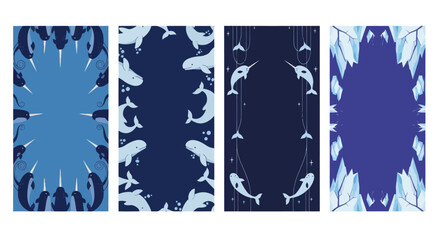 Arctic Ocean Creatures: Narwhal and Whale Illustrations on Blue Backgrounds © AR99