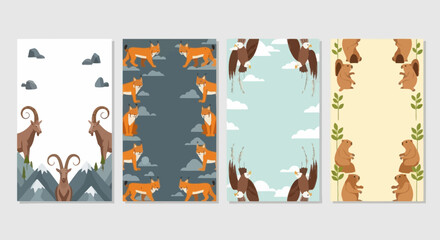 Set of 4 Flat Design Animal Borders: Mountain Goat, Fox, Eagle, Beaver © AR99
