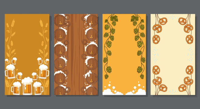 Oktoberfest Beer Mugs, Hops, Barrels, Wheat and Pretzels Border Design