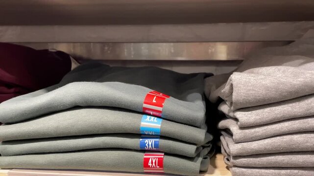 Folded shirts stacked on shelf in clothing store, emphasizing retail organization and size labels