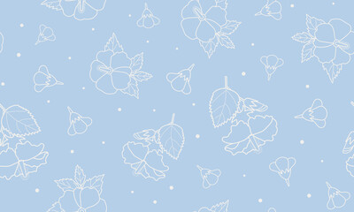 White outline hibiscus flowers with buds and leaves on light blue background. Seamless pattern, line art style. Floral background for textile, wallpaper, wrapping paper, greeting cards and decor. © IrinaUljankina