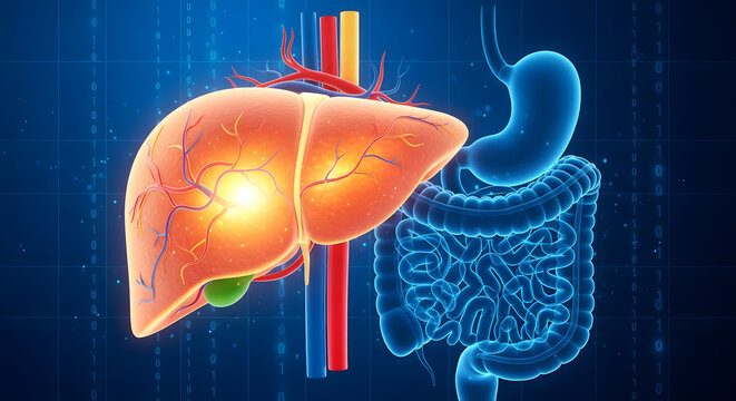 Glowing human liver with gall bladder alongside translucent digestive system organs, illustrating internal biological processes