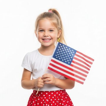 A young girl holding an american flag