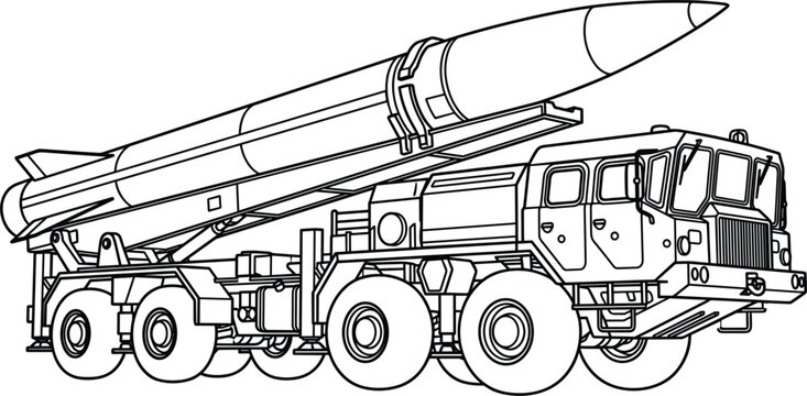 Heavy 8x8 wheeled transporter erector launcher technical vector illustration with ballistic missile in elevated launch position on white background.