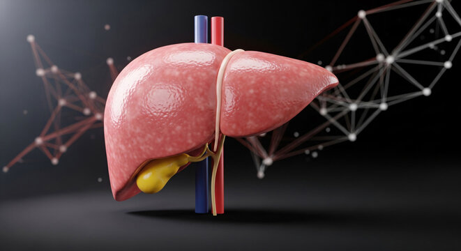 Healthy human liver and gallbladder anatomy with major blood vessels on a dark background showing connections