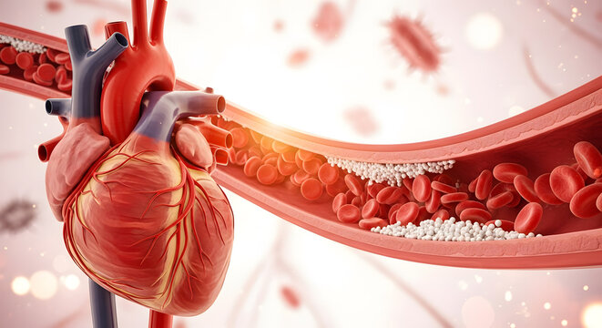 Human anatomical heart with blood cells and arterial plaque buildup in a vessel illustration