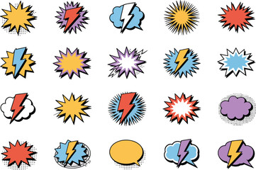 A vibrant set of 15 comic book style graphic icons featuring speech bubbles, powerful explosion bursts, and energetic lightning bolts. Pop art design elements
