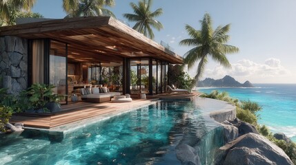 Fototapeta premium Luxury tropical villa by the pool with palm trees on a sunny summer day 