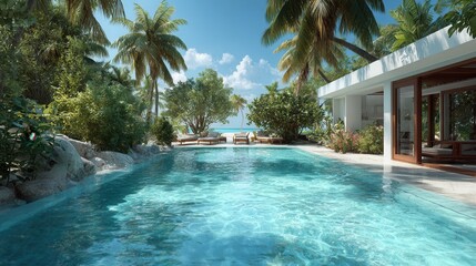 Fototapeta premium Luxury tropical villa by the pool with palm trees on a sunny summer day 