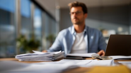 Obraz premium Certified public accountant preparing small business tax return with scattered receipts invoices and expense reports across conference table during tax season rush, professional service workflow,