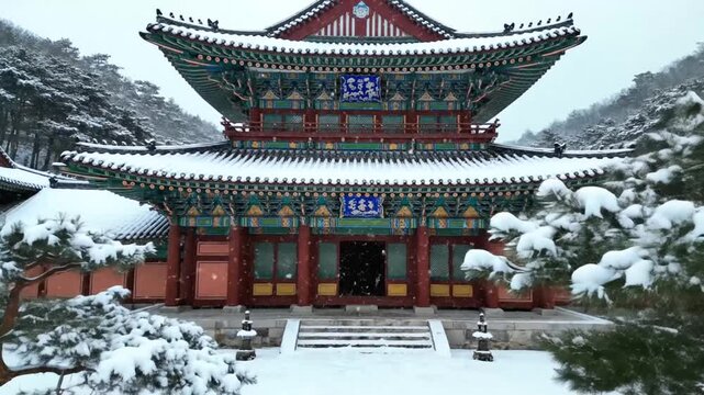 Snowy traditional Korean temple with colorful architecture.