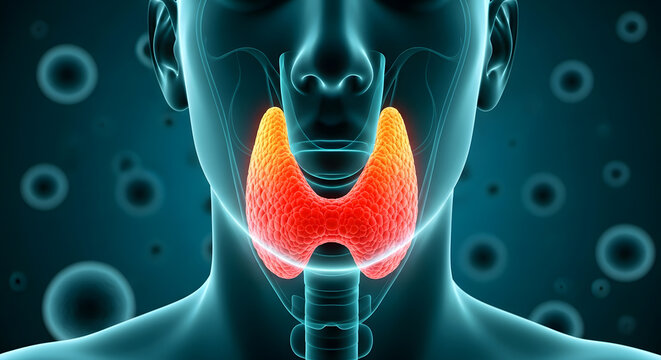 Human body displaying highlighted thyroid gland in the neck area viewed from the front