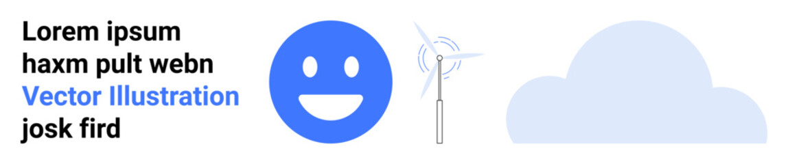 Fototapeta premium Renewable energy, environmental awareness, technology, clean energy, happiness, sustainability. Blue happy face, wind turbine icon and a cloud. Renewable energy and environmental awareness