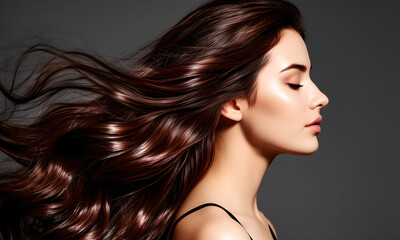 Fototapeta premium Beautiful Woman with Flowing Long Dark Hair in Studio Portrait
