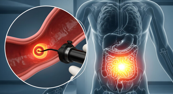 Human body with glowing intestines and an endoscope performing internal treatment during a diagnostic medical procedure