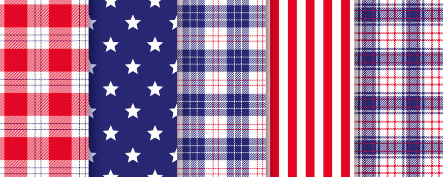 4th July seamless pattern. American backgrounds. Patriotic blue red textures. Happy independence prints. Set of geometric backdrops with stars stripes and check. USA flag colors. Vector illustration